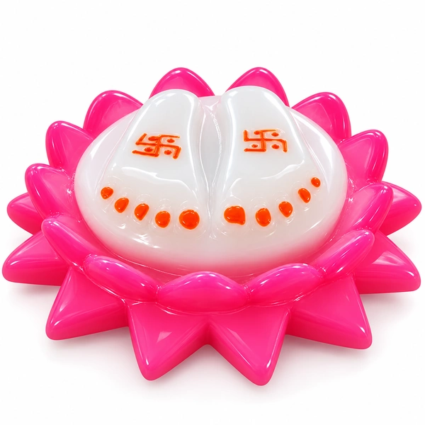 Pink lotus Charan Kamal paduka plaque with white sacred footprints and orange auspicious markings on white