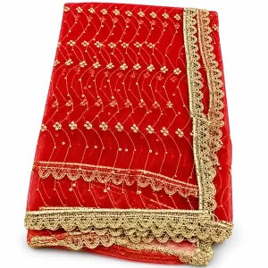 Folded red Mata Rani chunri with gold floral patterns and scalloped trim on a white background