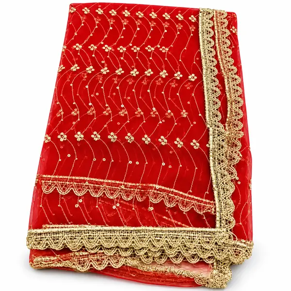 Folded red Mata Rani chunri with gold floral patterns and scalloped trim on a white background