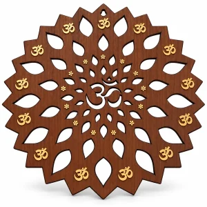 Brown wooden Om wall-art disc with leaf cutouts and small gold Om motifs on white
