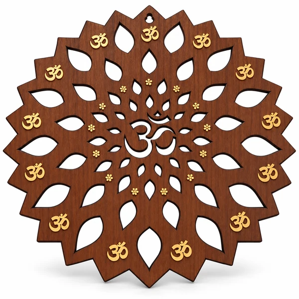 Brown wooden Om wall-art disc with leaf cutouts and small gold Om motifs on white