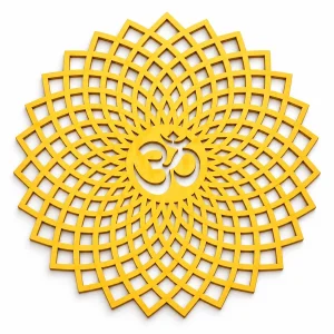 Gold-tone wooden Om wall art with a circular geometric lattice on a white background