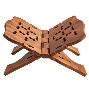 Brown folding wooden rehal book stand with carved lattice on a transparent background