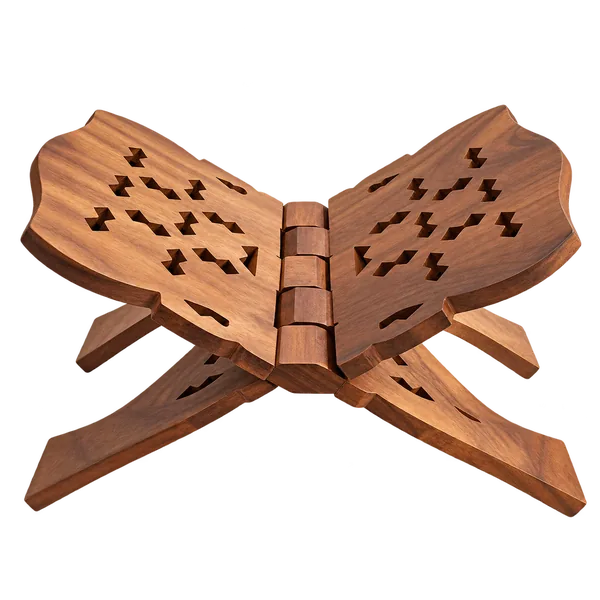 Brown folding wooden rehal book stand with carved lattice on a transparent background