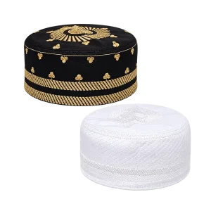 Black-and-gold and white embroidered prayer caps, two-cap set