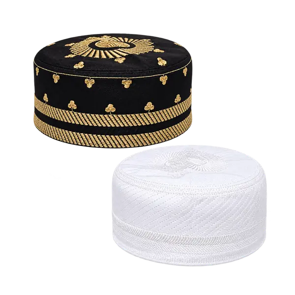 Black-and-gold and white embroidered prayer caps, two-cap set