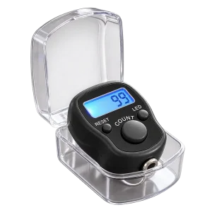 Black digital finger tally counter with blue backlit screen in its clear open storage case on a transparent background