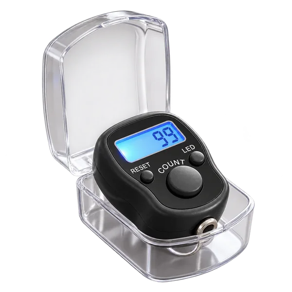 Black digital finger tally counter with blue backlit screen in its clear open storage case on a transparent background