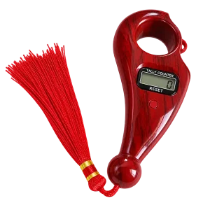 Red woodgrain rotating bead digital prayer counter with red tassel on a transparent background