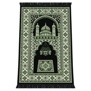 Black and pale green mosque-design namaz prayer mat with fringed ends on a transparent background