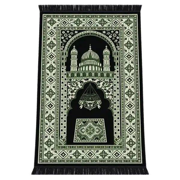 Black and pale green mosque-design namaz prayer mat with fringed ends on a transparent background