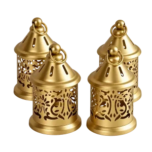 Set of four gold-tone floral-cutout metal lanterns with conical lids and hanging rings on a transparent background