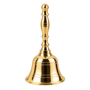 Polished brass hand bell with turned handle and flared rim on a transparent background