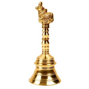 Polished brass Nandi pooja hand bell with seated bull finial and tiered cup on a transparent background