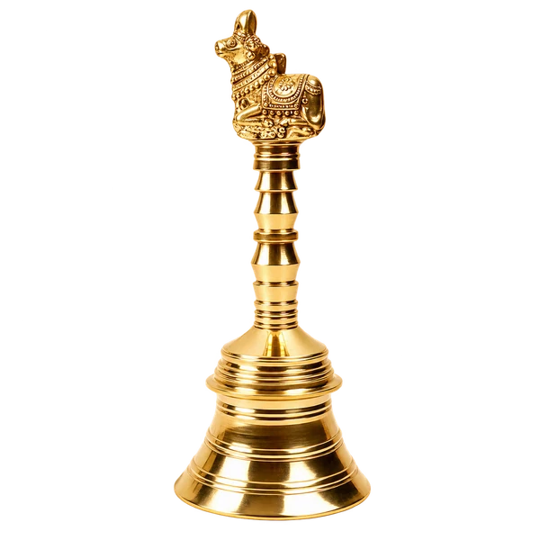 Polished brass Nandi pooja hand bell with seated bull finial and tiered cup on a transparent background