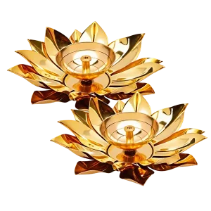 Pair of gold brass lotus diya oil lamps with layered petals on a transparent background