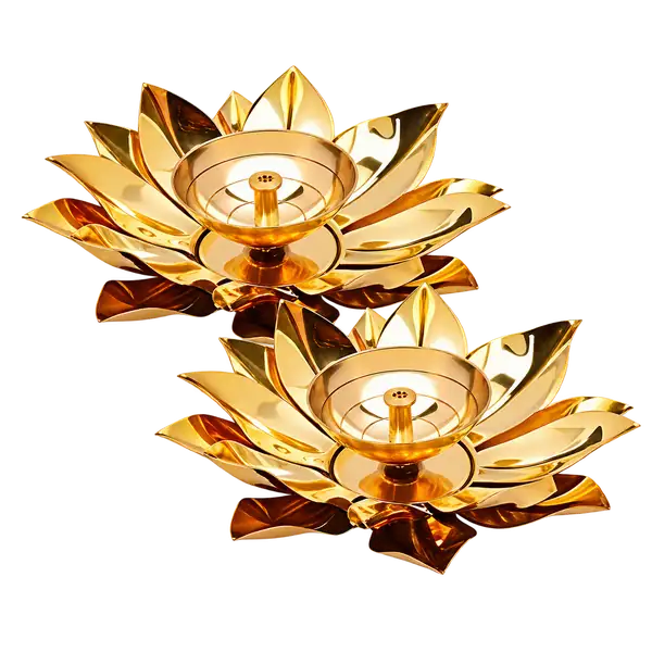 Pair of gold brass lotus diya oil lamps with layered petals on a transparent background