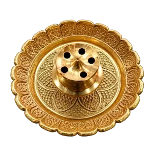 Scalloped engraved brass incense holder with five-hole central dome on a transparent background