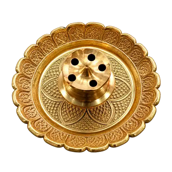Scalloped engraved brass incense holder with five-hole central dome on a transparent background