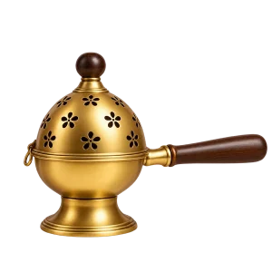 Gold-tone dhoop dani burner with flower-cutout lid and dark wooden side handle on a transparent background