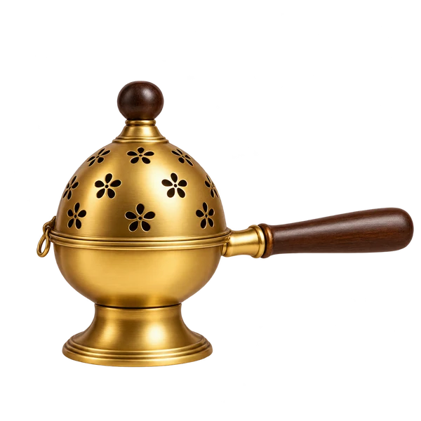 Gold-tone dhoop dani burner with flower-cutout lid and dark wooden side handle on a transparent background