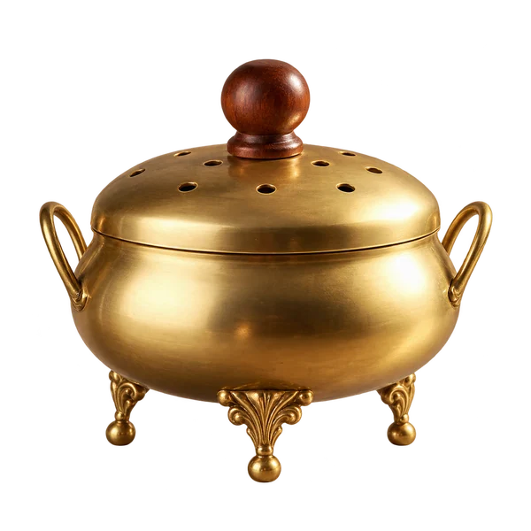 Gold-tone round dhoop burner with vented lid, wooden knob, loop handles and three feet on a transparent background