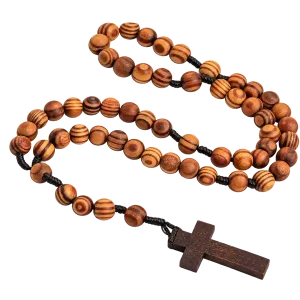 Brown wooden Catholic rosary with cross pendant on a transparent background