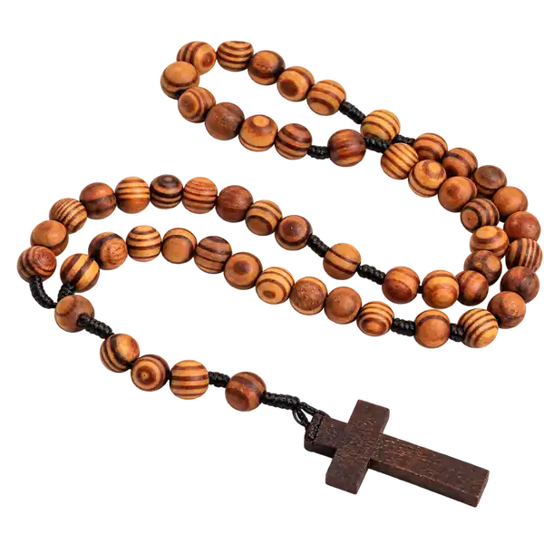 Brown wooden Catholic rosary with cross pendant on a transparent background