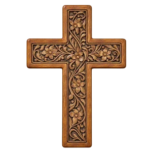 Brown wooden wall cross with carved floral relief on a transparent background