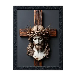 Framed wooden cross and sculpted Jesus bust wall art on a transparent background