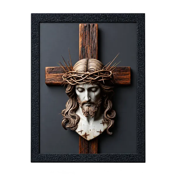 Framed wooden cross and sculpted Jesus bust wall art on a transparent background