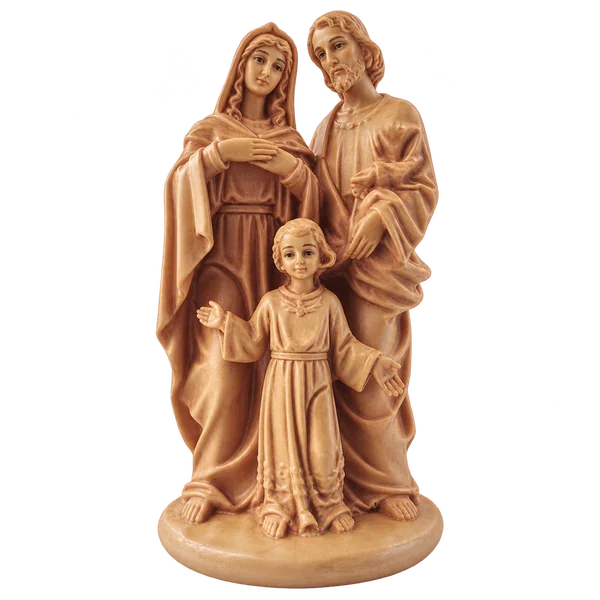 Tan resin Holy Family statue with Mary Joseph and child Jesus on a transparent background
