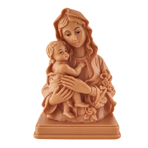 Tan resin Mother Mary holding infant Jesus figurine on a transparent background