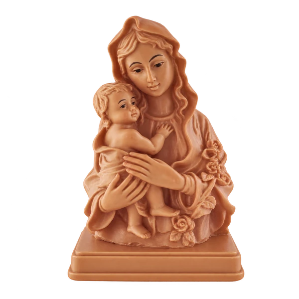 Tan resin Mother Mary holding infant Jesus figurine on a transparent background