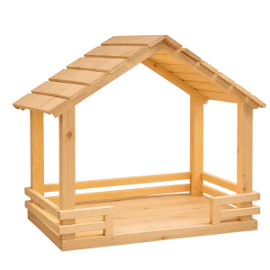 Empty natural wooden nativity stable with gabled roof on a transparent background