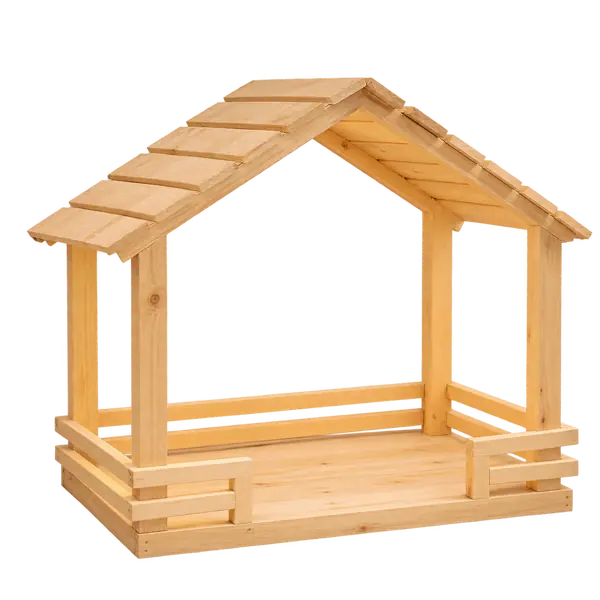 Empty natural wooden nativity stable with gabled roof on a transparent background