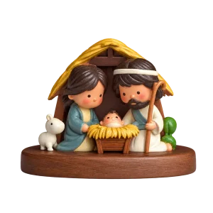 Colourful Holy Family nativity scene figurine on an oval base on a transparent background
