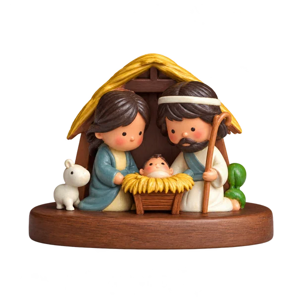 Colourful Holy Family nativity scene figurine on an oval base on a transparent background