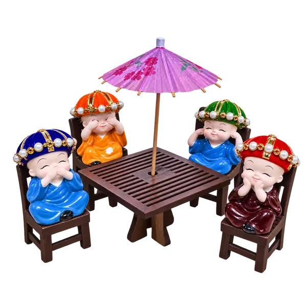 Four mini monk figurines with wooden table chairs and purple umbrella on a transparent background