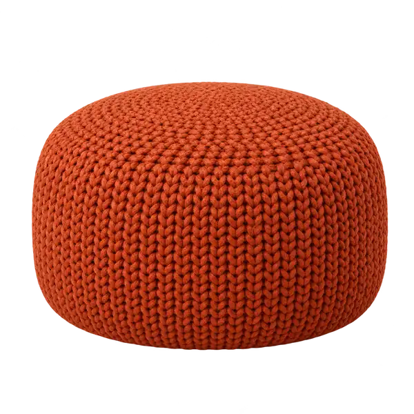 Rust orange round textured cotton floor pouf on a transparent background