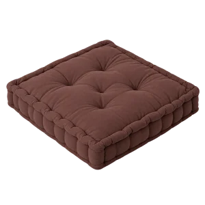 Brown square tufted floor cushion on a transparent background
