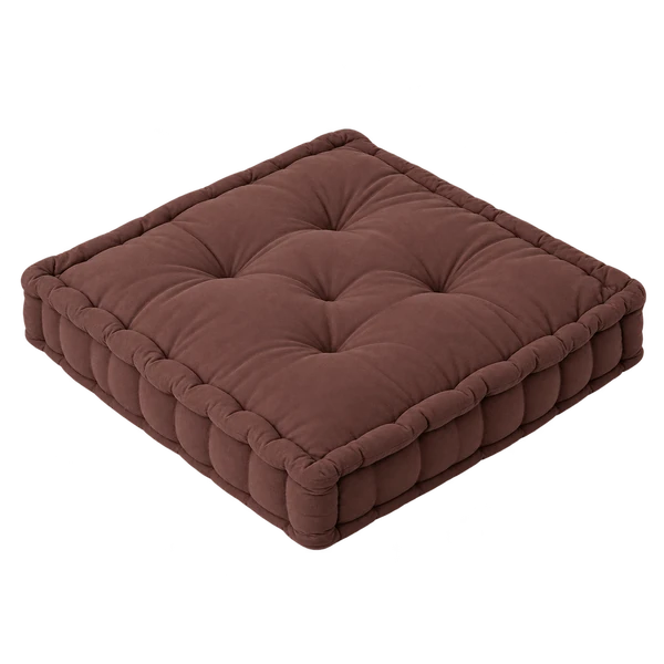 Brown square tufted floor cushion on a transparent background