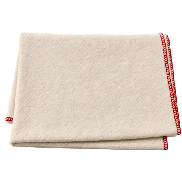 Folded white prayer aasan cloth with red stitched edge on a transparent background