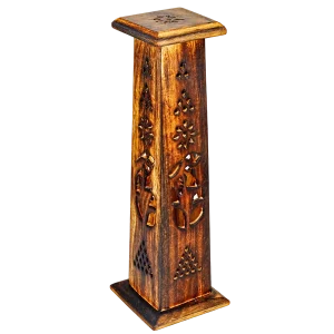 Brown wooden tower incense holder with carved ventilation pattern on a transparent background