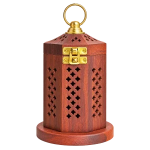 Carved brown wooden incense burner box with brass latch and ring on a transparent background