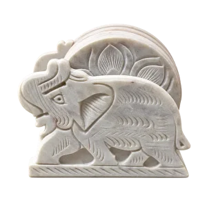 Ivory soapstone coaster set in an elephant design holder on a transparent background