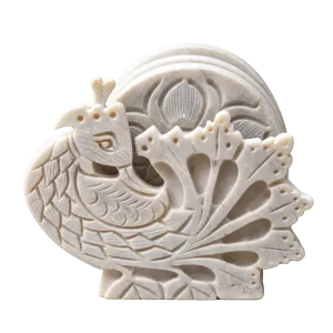 Ivory soapstone coaster set in a peacock design holder on a transparent background