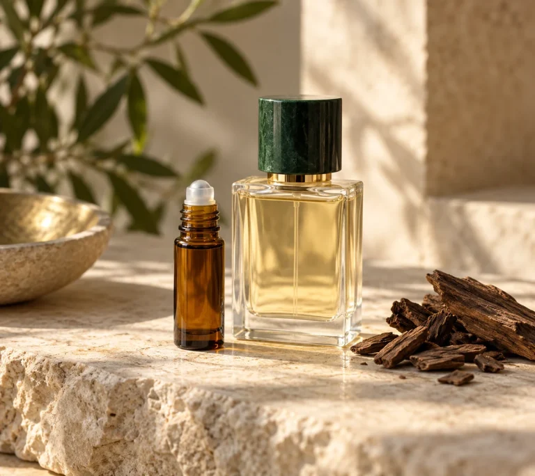 An amber roll-on fragrance bottle beside a clear perfume atomizer and a few oud wood chips