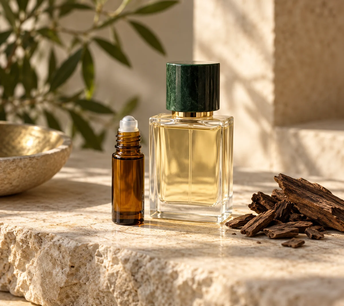 An amber roll-on fragrance bottle beside a clear perfume atomizer and a few oud wood chips