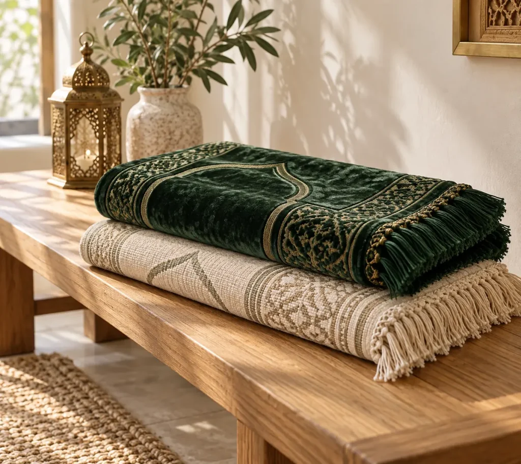 Folded green velvet and oatmeal woven prayer rugs showing their different textures